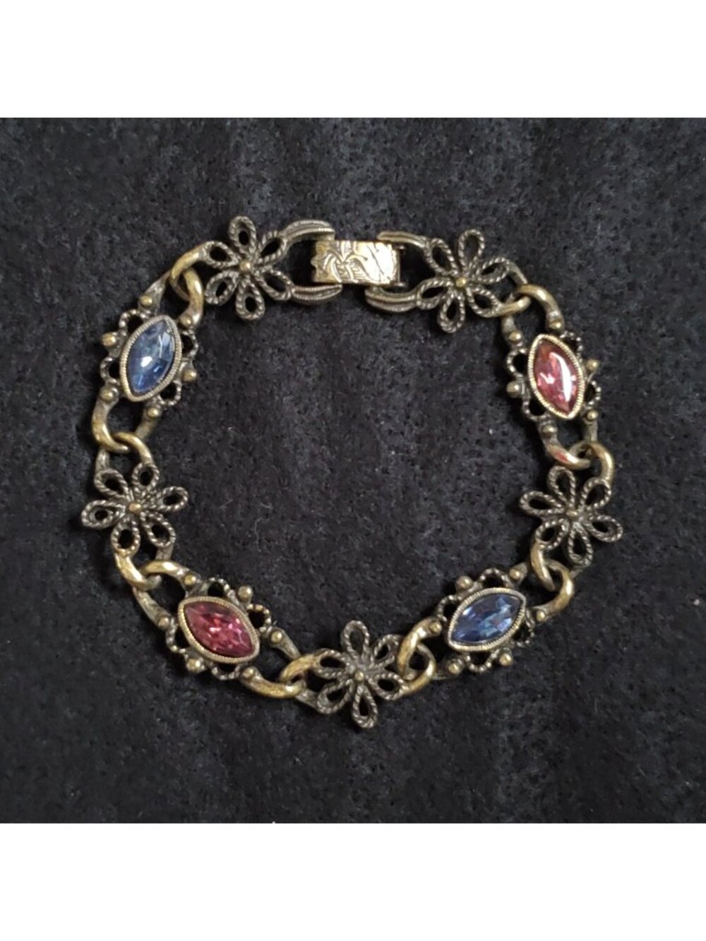 Vintage Floral Bracelet Gold Tone Blue Pink Rhinestone 6.75"